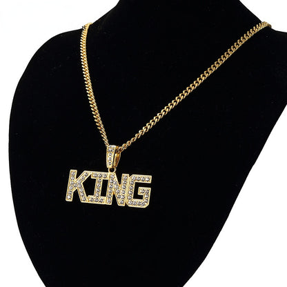 76cm Cuban Chain Iced Out King Pendant Necklace - White Gold Plated