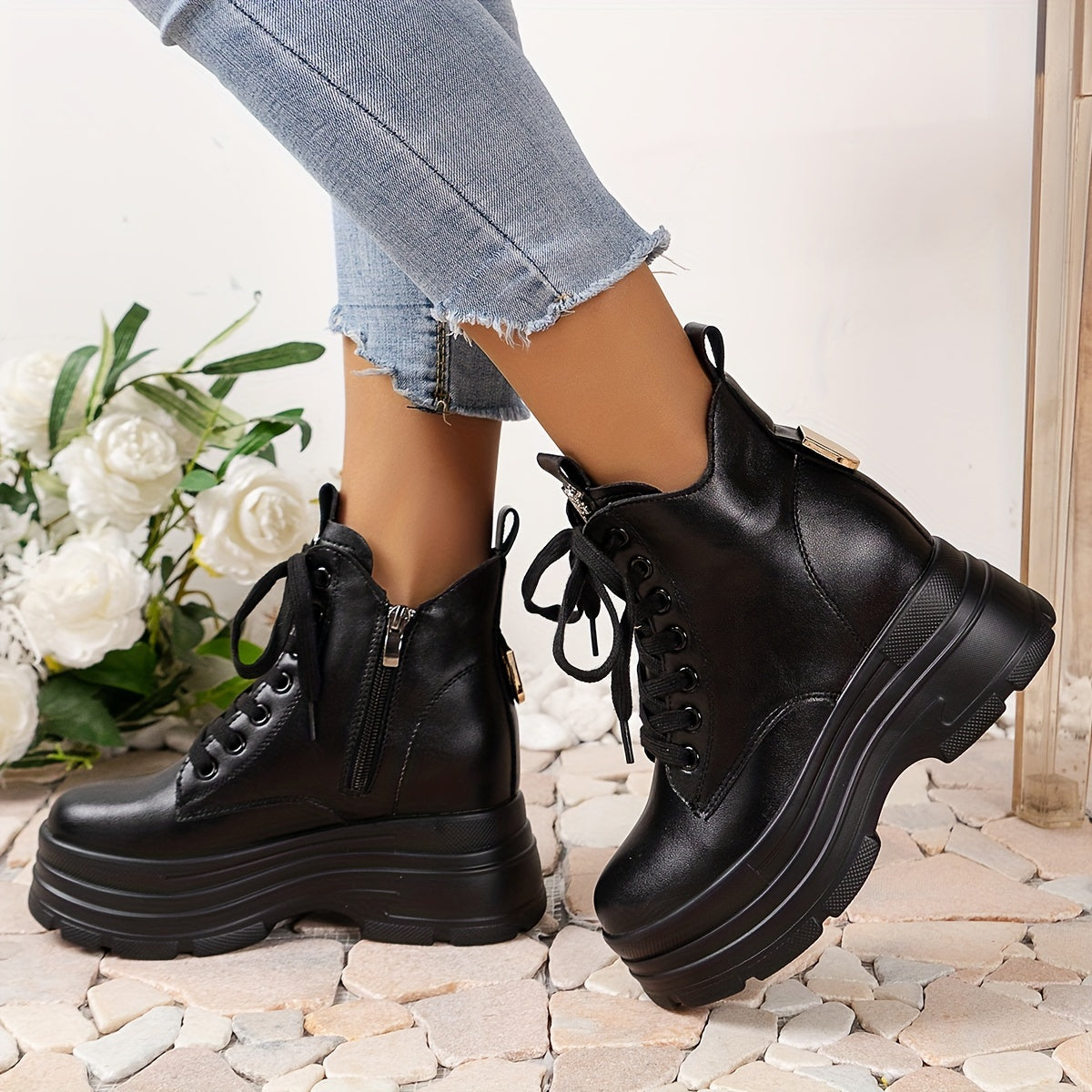 Women's Chunky Platform Ankle Boots - Fleece-Lined Black British