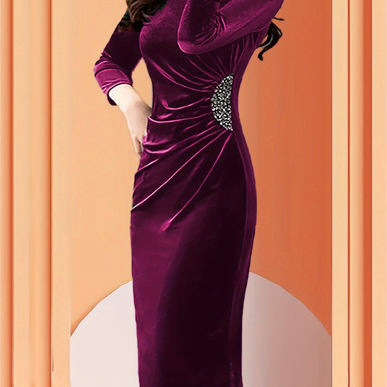Women's Velvet Zipper Slit Dress - Elegant Slim Fit Ruched 3/4 Sleeve