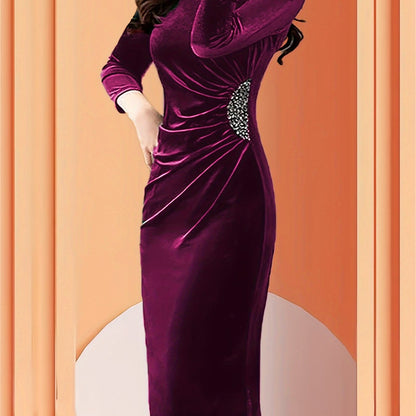 Women's Velvet Zipper Slit Dress - Elegant Slim Fit Ruched 3/4 Sleeve
