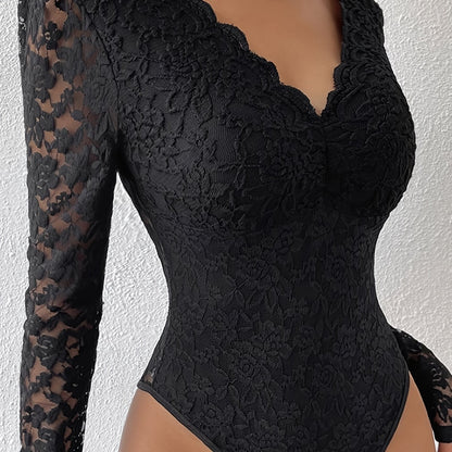 Elegant Burgundy Lace Bodysuit - Long Sleeve Sheer Panel Zipper