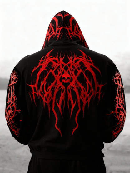 Men's Gothic Skull Print Zip Hoodie - Loose Fit with Pockets
