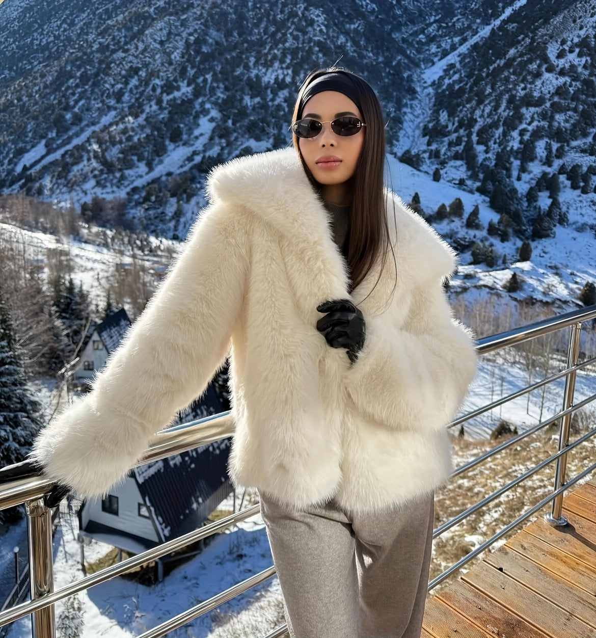 Women's Elegant V-Neck Faux Fur Coat - Solid Color Winter