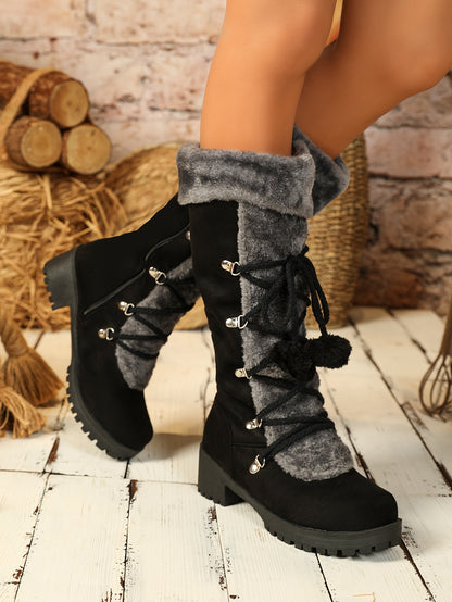 Women's Elegant Winter Faux Fur-Lined Boots - Pom-Pom