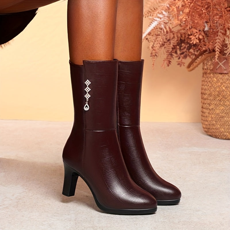 Women's Fleece-Lined Mid-Calf Boots - Rhinestone