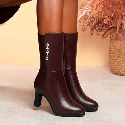 Women's Fleece-Lined Mid-Calf Boots - Rhinestone