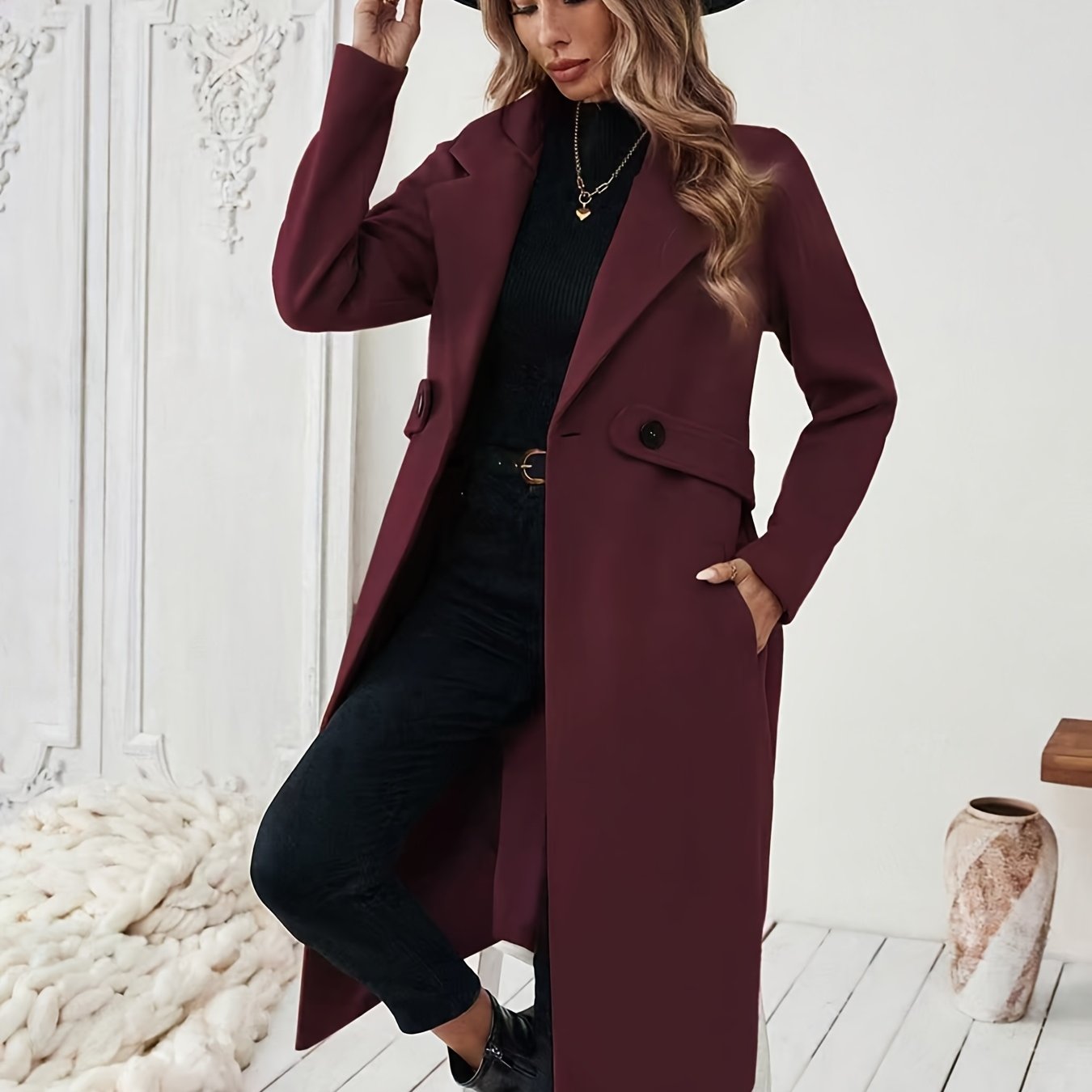Women's Suit Collar Two-Tone Belted Long Coat - Elegant H-Line