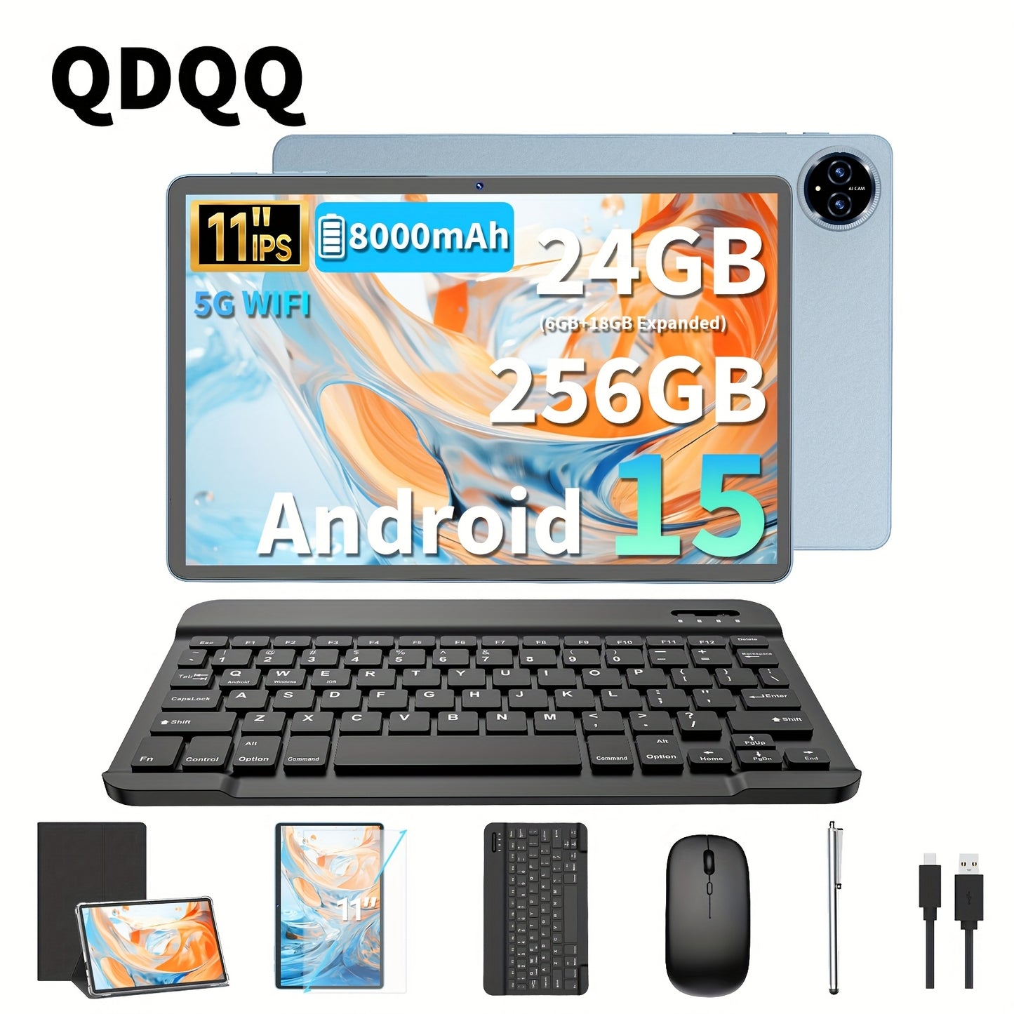 QDDQ Android 15 Tablet 11" - 24GB RAM 256GB 8000mAh Dual Camera