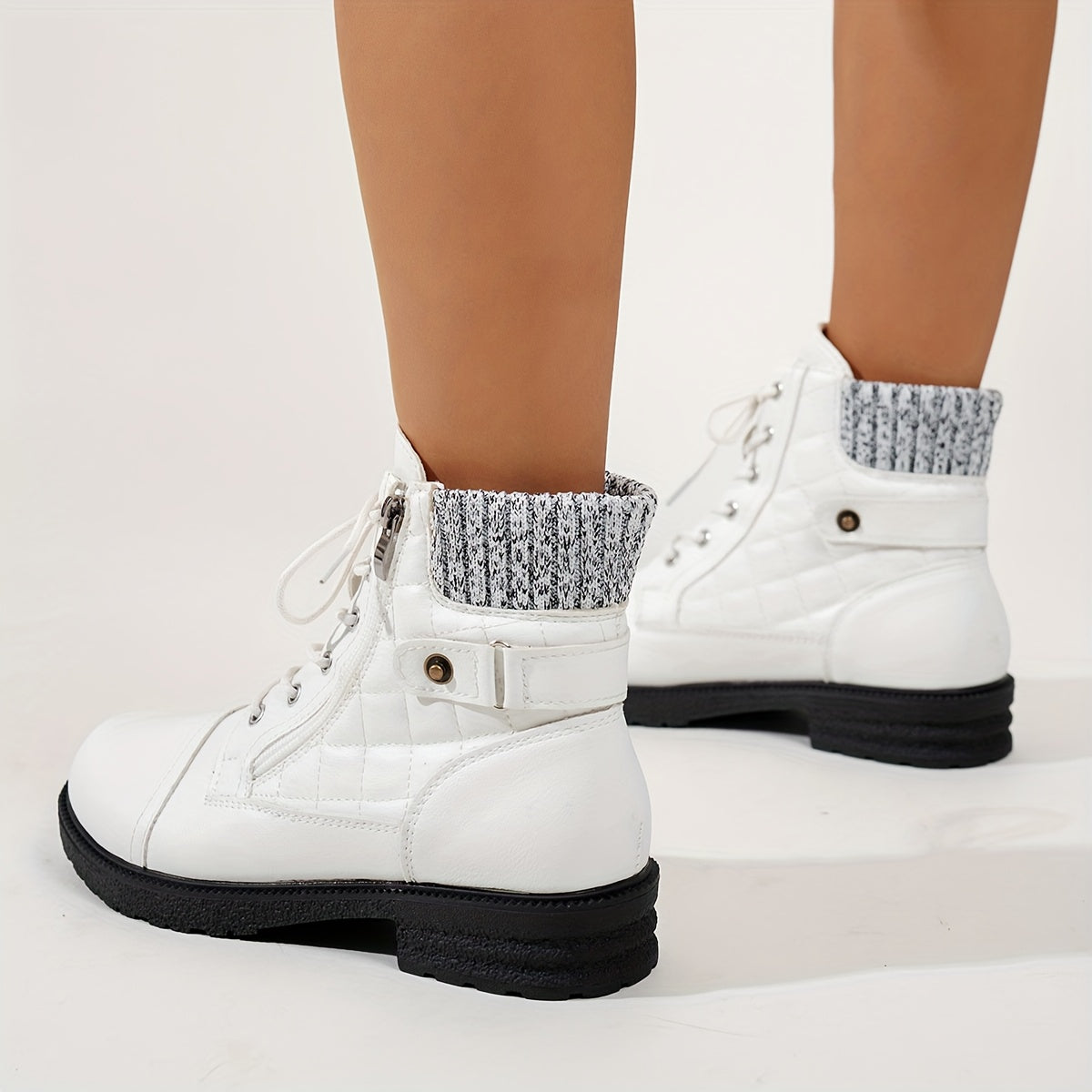 Women's Boots - Chunky Heel Lace-Up Side Zipper