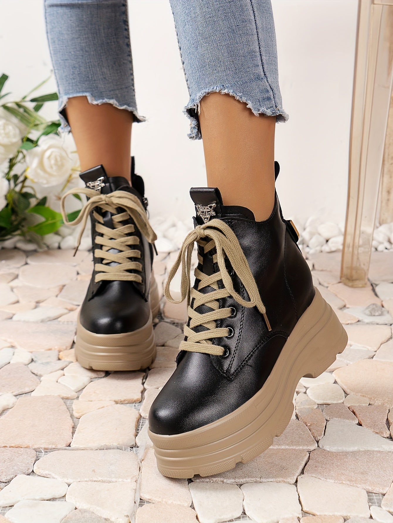 Women's Chunky Platform Ankle Boots - Fleece-Lined Black British