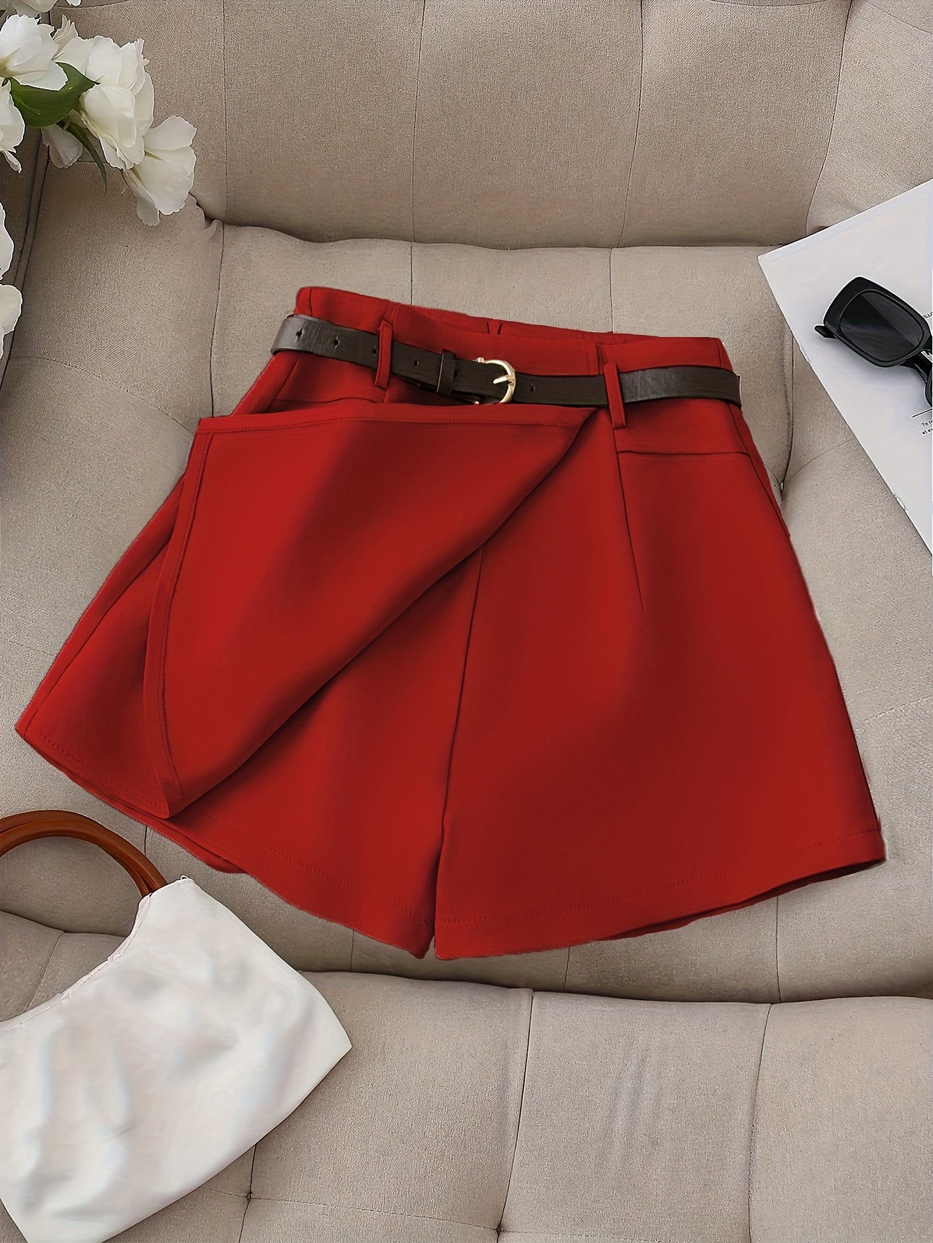 Women's Fashion Solid Color Shorts - Faux Pocket with Belt