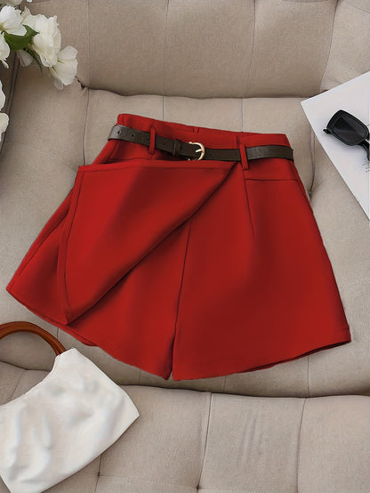 Women's Fashion Solid Color Shorts - Faux Pocket with Belt