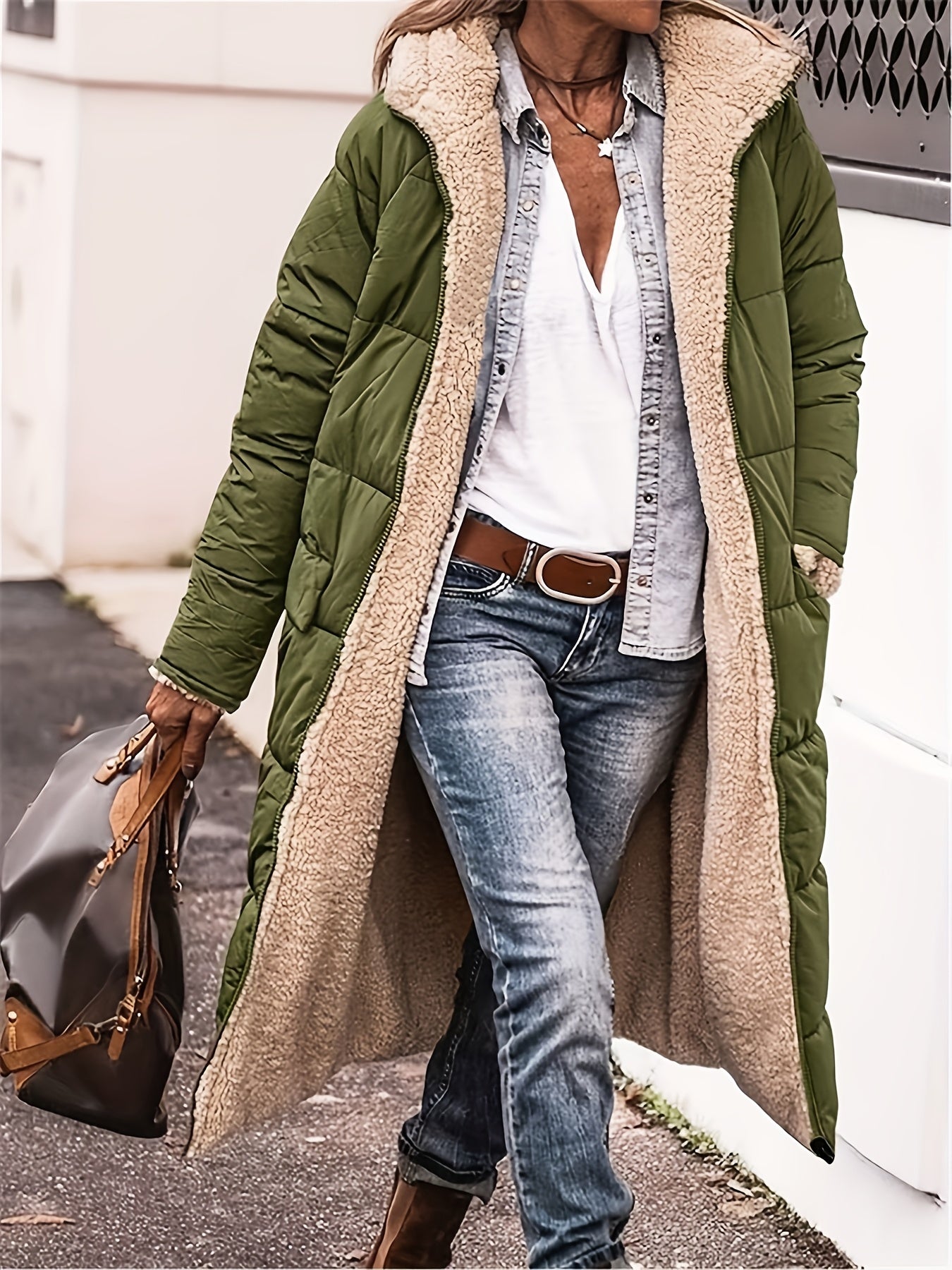 Plus Size Reversible Fuzzy Longline Winter Coat - Hooded Casual