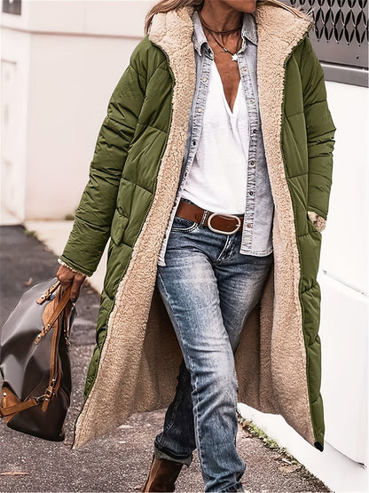 Plus Size Reversible Fuzzy Longline Winter Coat - Hooded Casual