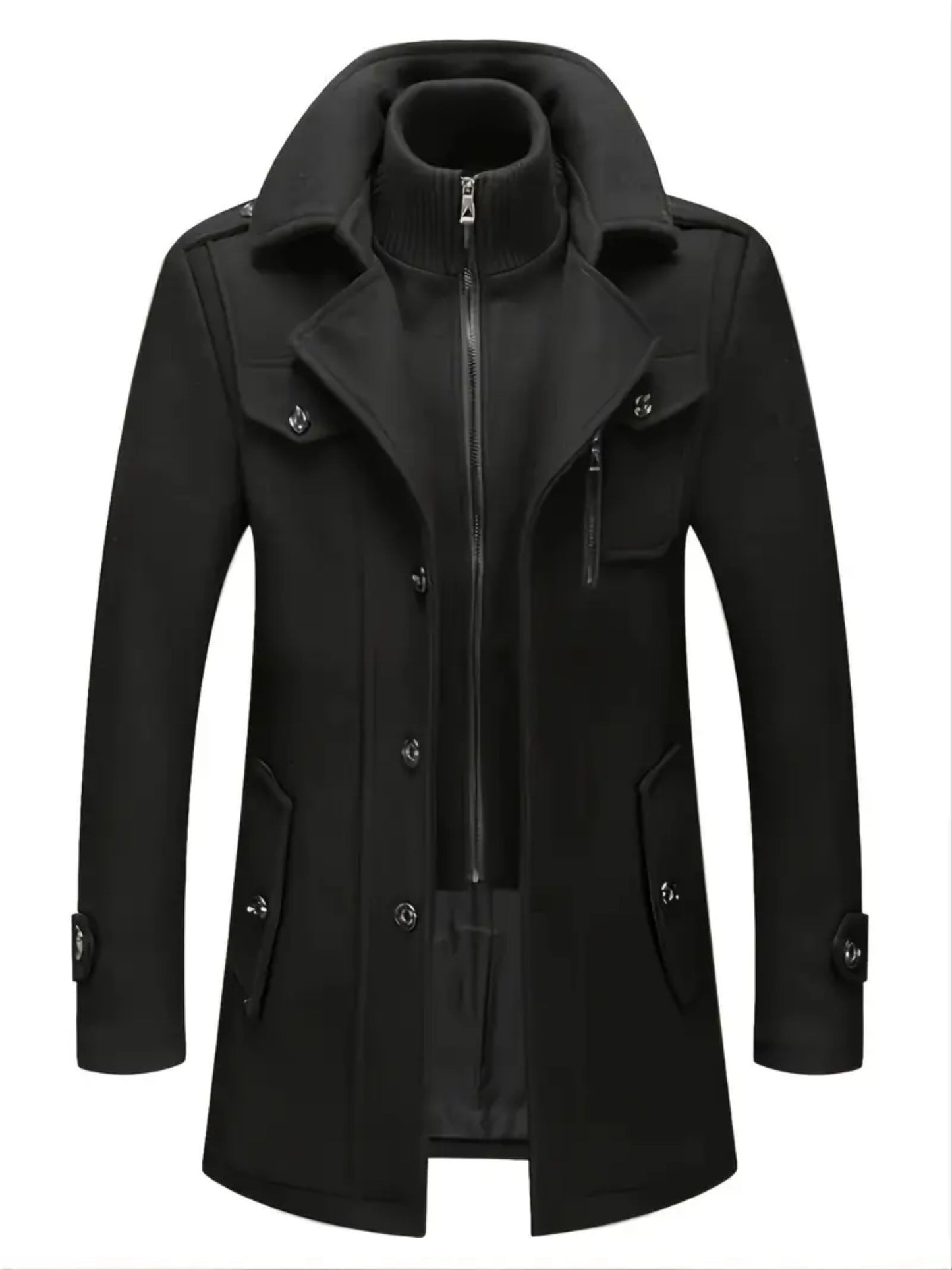 Men's Business Wool Coat - Double Collar Mid-Length