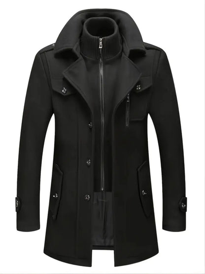 Men's Business Wool Coat - Double Collar Mid-Length