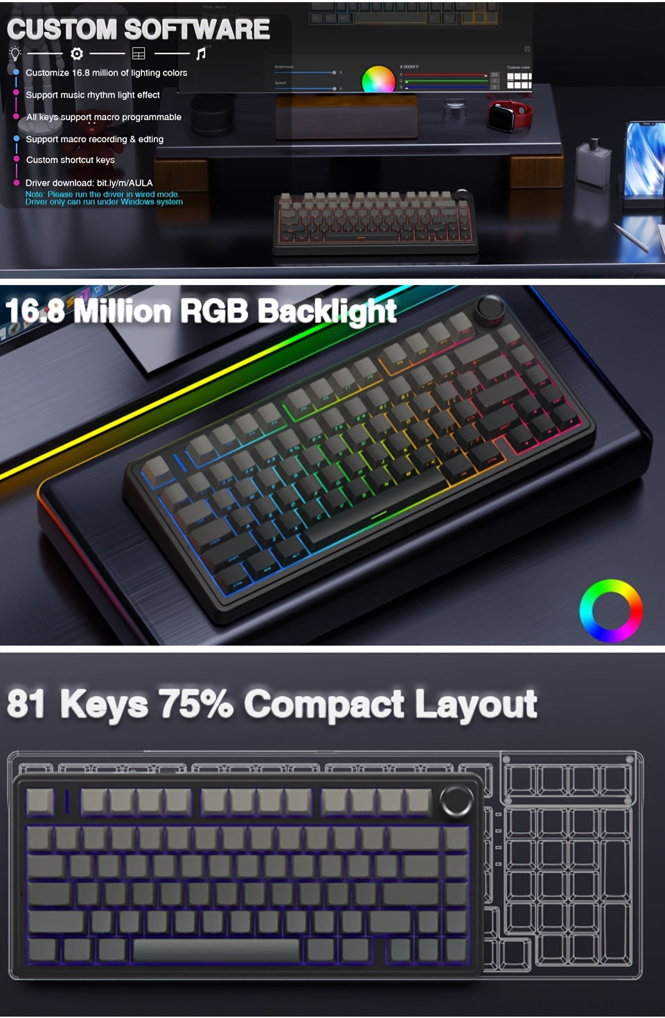 AULA Custom Mechanical Keyboard - 75% Swappable RGB