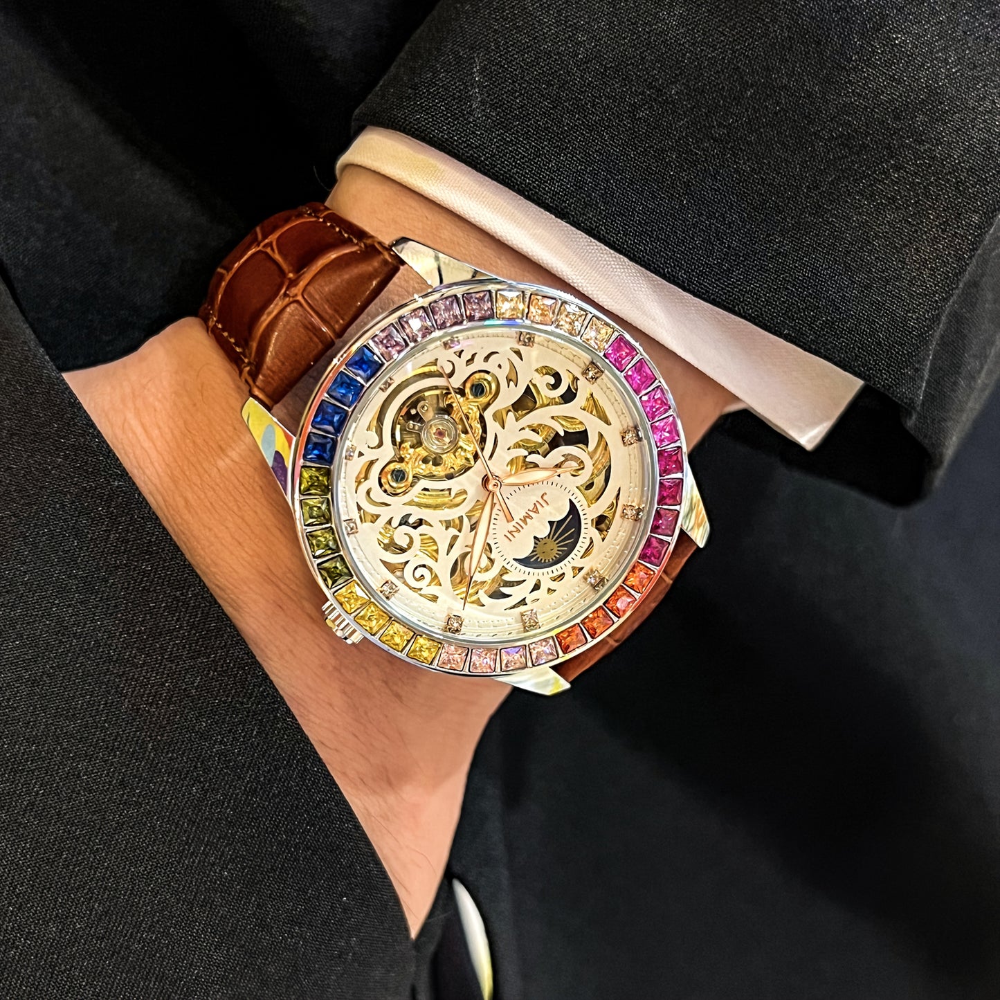 Jianni Men's Luxury Automatic Tourbillon Watch - Moon Sun Phases