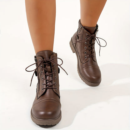 Women's Boots - Chunky Heel Lace-Up Side Zipper