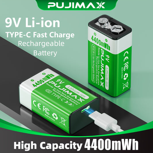 PUJIMAX 9V Lithium Batteries 2/4/8 Pack - Type-C Rechargeable