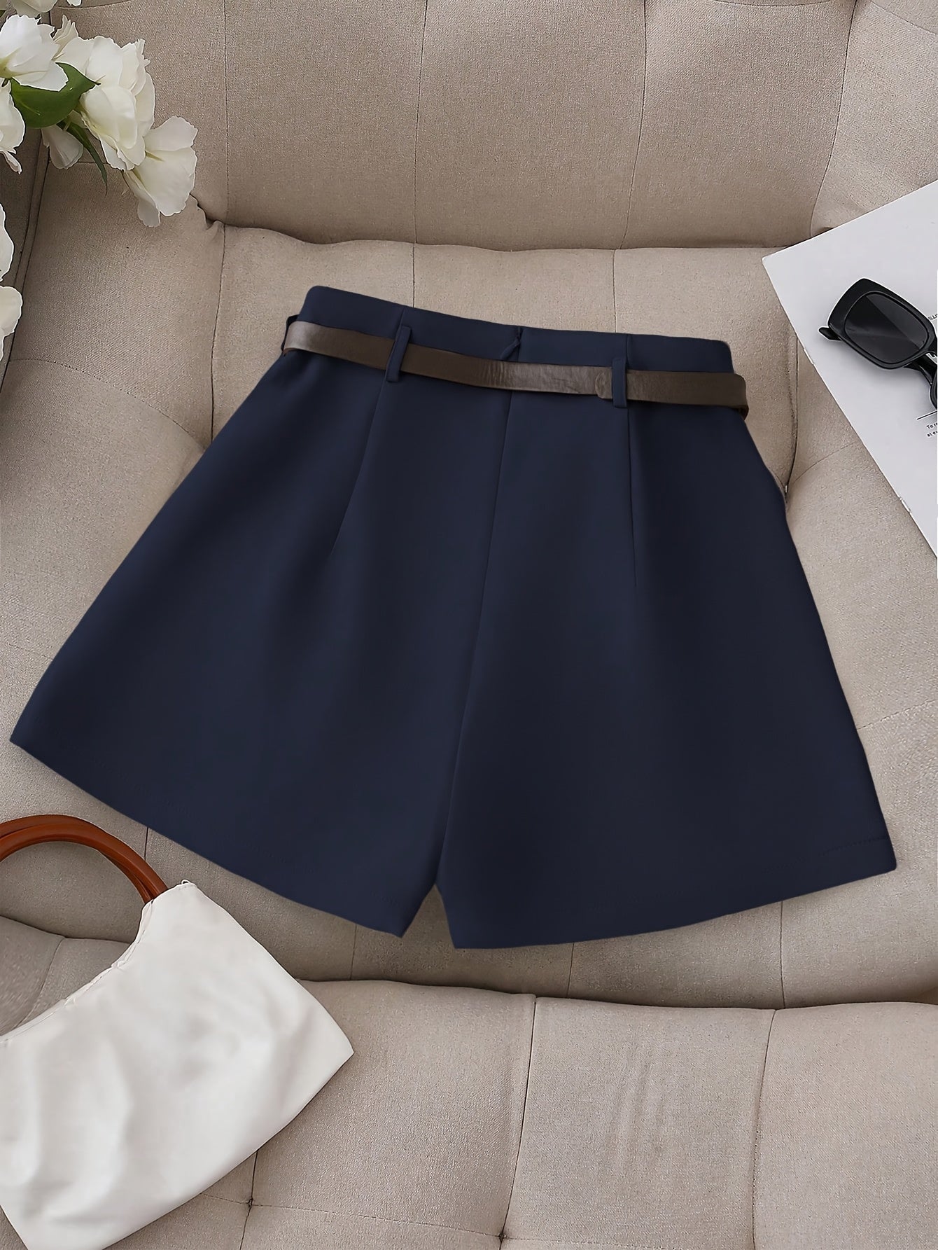 Women's Fashion Solid Color Shorts - Faux Pocket with Belt