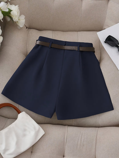 Women's Fashion Solid Color Shorts - Faux Pocket with Belt