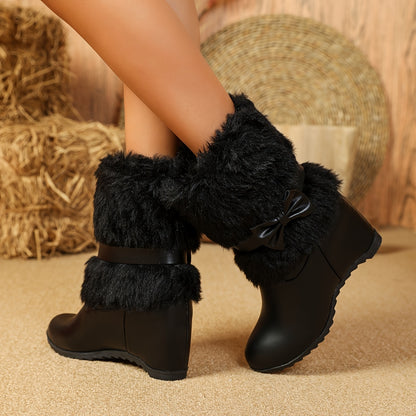 Women's Plush-Lined Winter Boots - Slip-On Mid-Calf Bow Detail