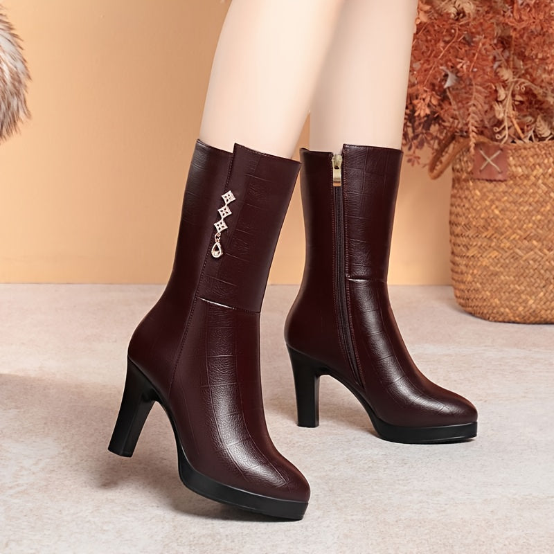 Women's Fleece-Lined Mid-Calf Boots - Rhinestone