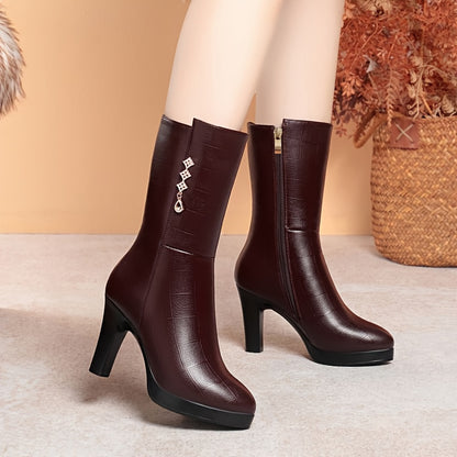 Women's Fleece-Lined Mid-Calf Boots - Rhinestone