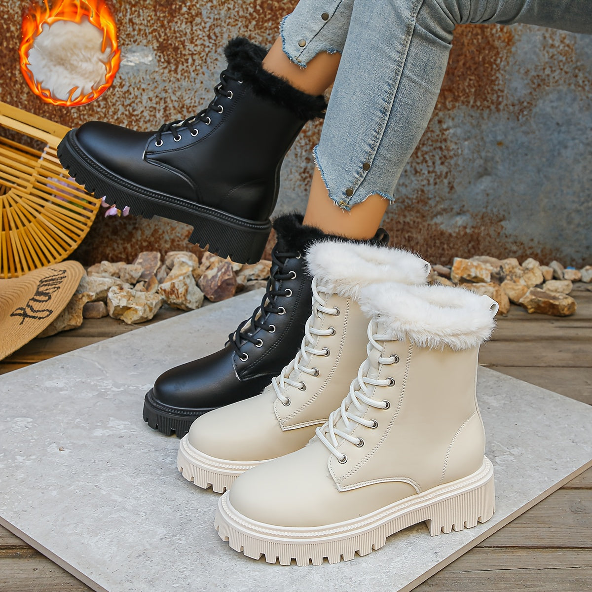 Women's Elegant White Fleece-Lined Ankle Boots - Side Zipper