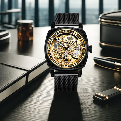 Auréline Automatic Hollow Mechanical Watch - Yellow Black Mesh