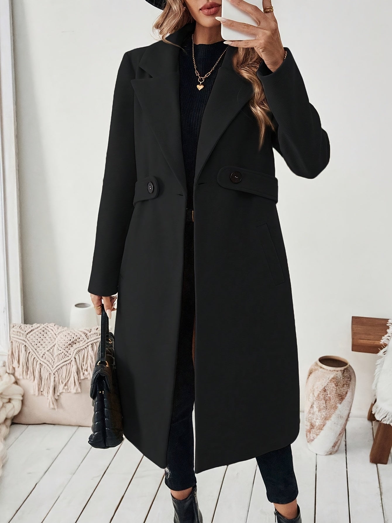 Women's Suit Collar Two-Tone Belted Long Coat - Elegant H-Line
