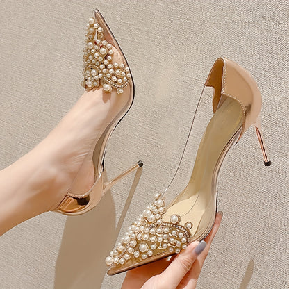 Transparent Pearl-Embellished Pointed-Toe Stiletto Heels