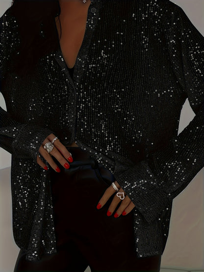 Plus Size Elegant Sequined Long-Sleeve Shirt - Lapel Collar