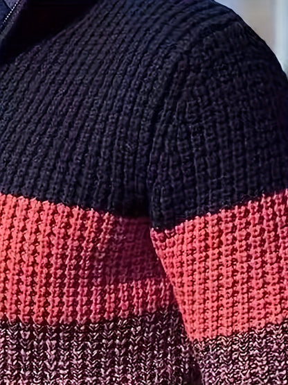 Men's Half-Zip Striped Sweater - Stand Collar Color Block