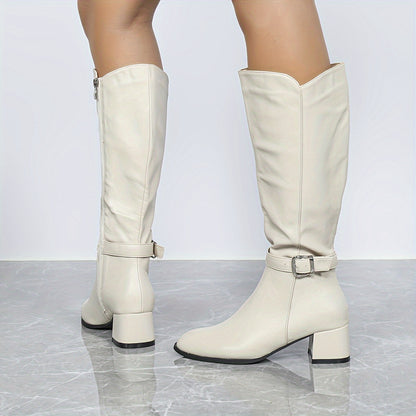 Women's Elegant Almond Mid Heel Knee-High Boots - Faux Leather