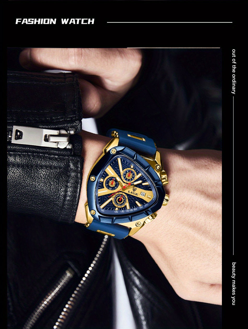LIGE Men's Quartz Watch - Minimalist Triangle Dial World Time
