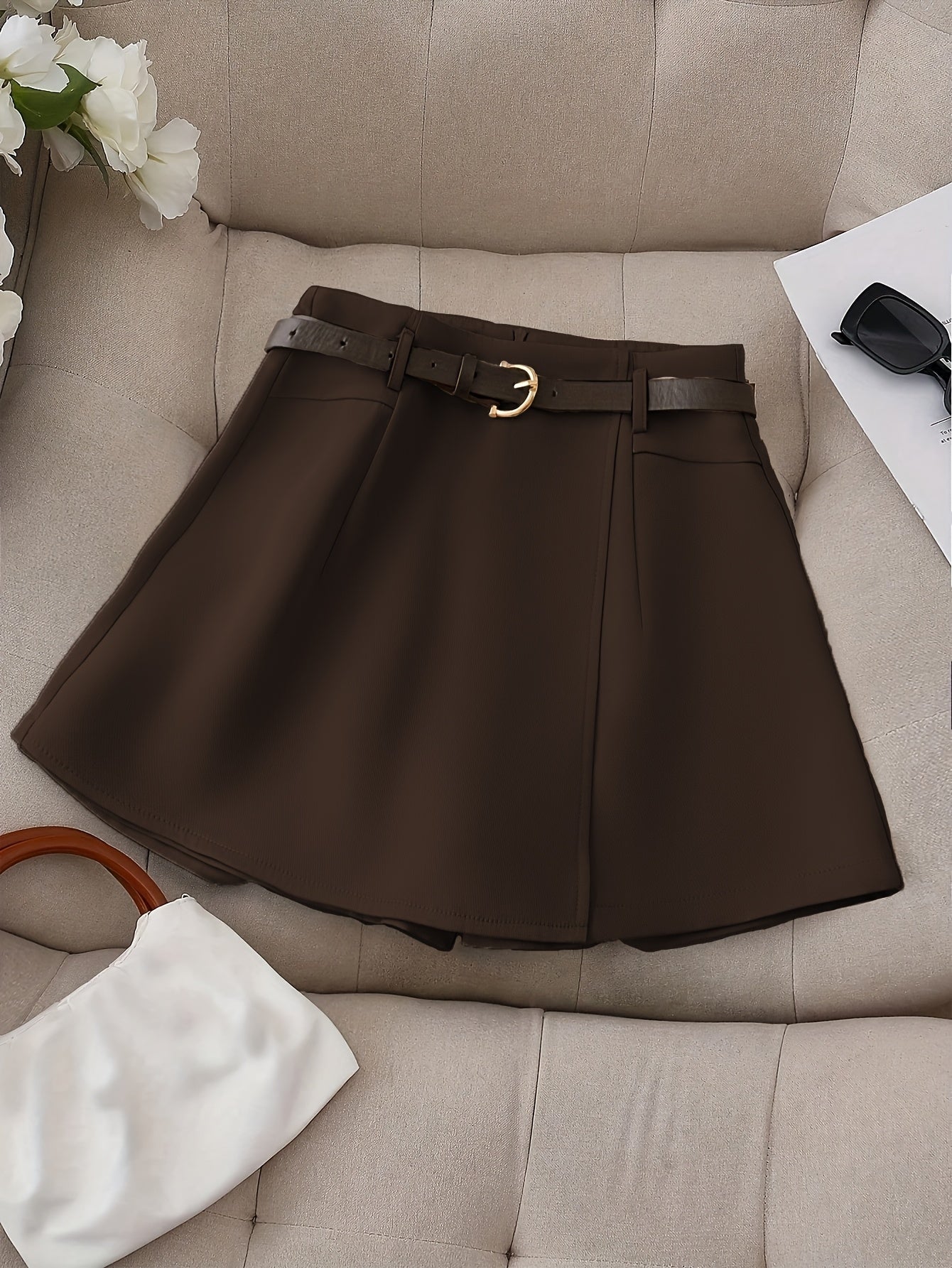 Women's Fashion Solid Color Shorts - Faux Pocket with Belt