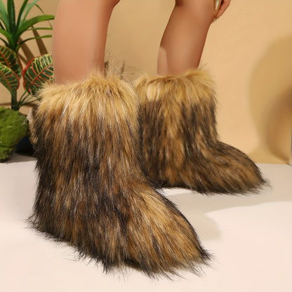 Women's Slip-On Mid-Calf Boots - Plush Faux Fur Lining Winter