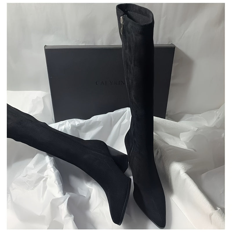 Women'S Elegant Brown Faux Cover Long Boots - Pointed Toe Chunky Heel, Zipper Closure, All-Season Versatile Dress Shoes for Casual & Formal Outfits, Sophisticated Style, Formal Footwear, High Heel Boots