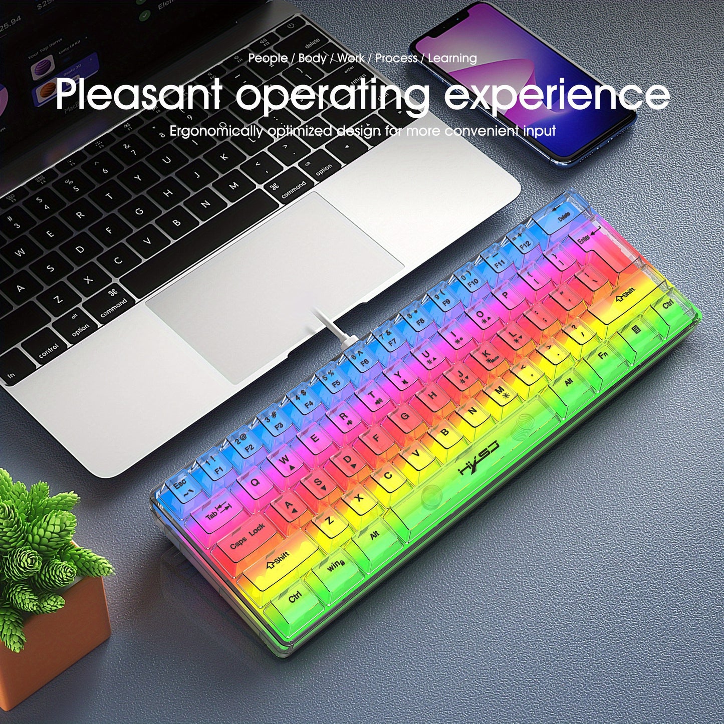 HXSJ 61-Key Gaming Keyboard - Full Transparent RGB Backlit USB-C