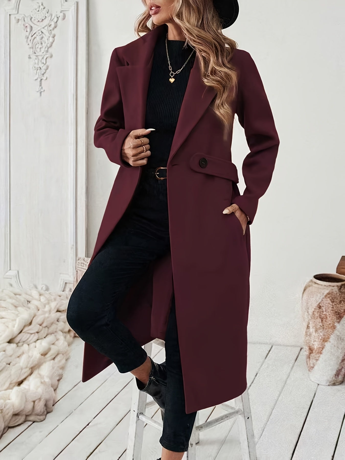 Women's Suit Collar Two-Tone Belted Long Coat - Elegant H-Line