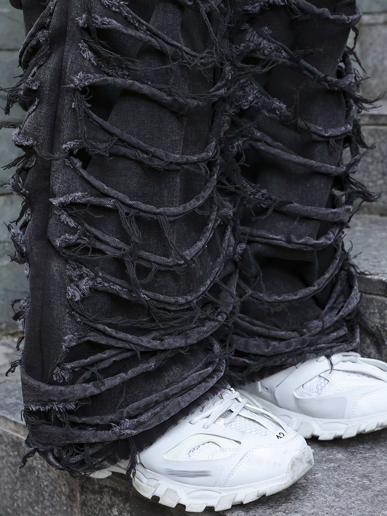 Men'S Streetwear Denim Wide-Leg Pants - Distressed, Loose Fit, Black, Casual Style, All-Season Wear, Non-Stretch Fabric, Perfect for Weekend Outings, Streetwear Fashion | Distressed Denim | Nonstretch Fabric