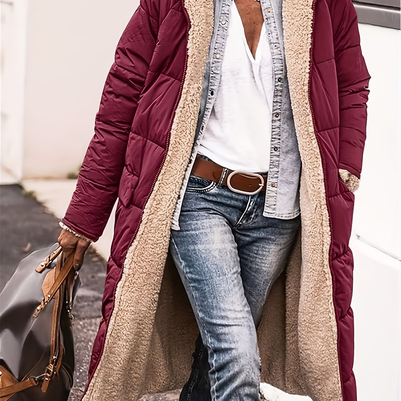 Plus Size Reversible Fuzzy Longline Winter Coat - Hooded Casual