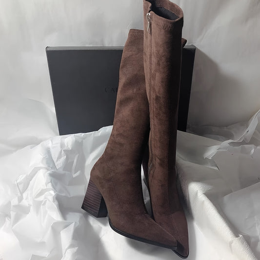 Women'S Elegant Brown Faux Cover Long Boots - Pointed Toe Chunky Heel, Zipper Closure, All-Season Versatile Dress Shoes for Casual & Formal Outfits, Sophisticated Style, Formal Footwear, High Heel Boots