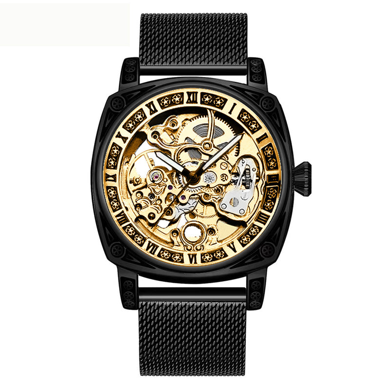 Auréline Automatic Hollow Mechanical Watch - Yellow Black Mesh