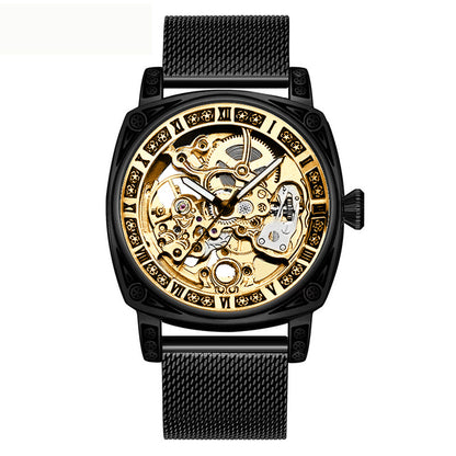 Auréline Automatic Hollow Mechanical Watch - Yellow Black Mesh