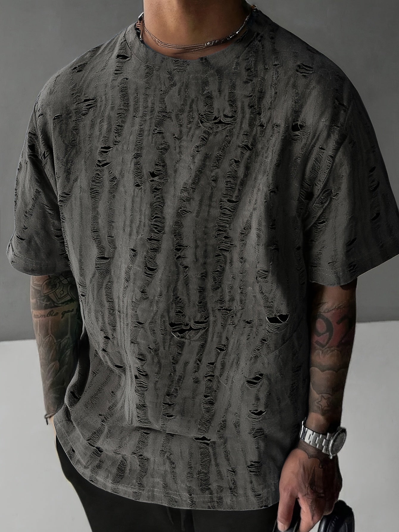 Men's Summer Distressed T-Shirt - Gray Ripped Design