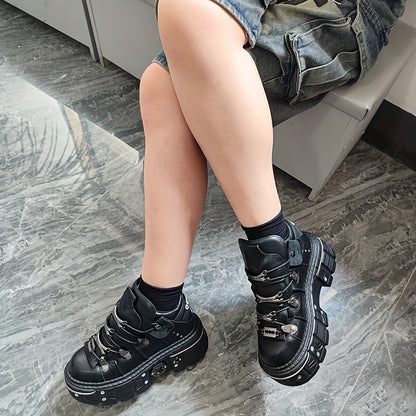 Women's Black Punk Platform Sneakers - High Heel Metal Decor Y2K