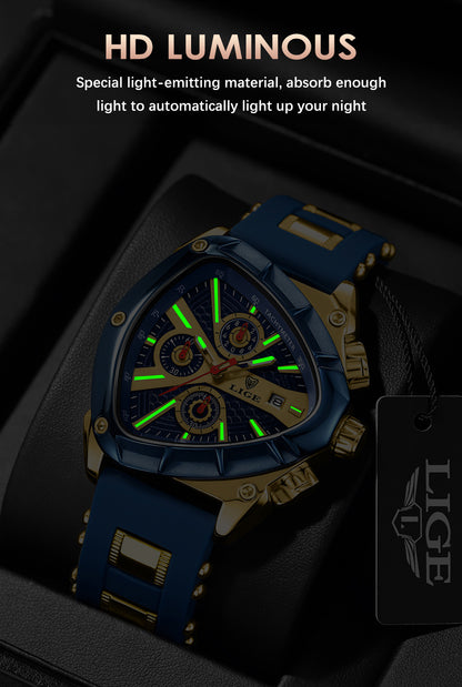 LIGE Men's Quartz Watch - Minimalist Triangle Dial World Time